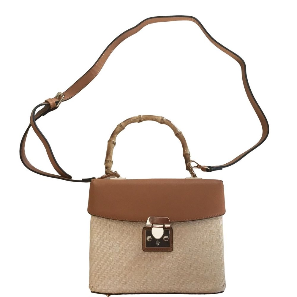 Woven Straw Handbag Bamboo Handle Vegan Leather Gold Clasp Closure Purse